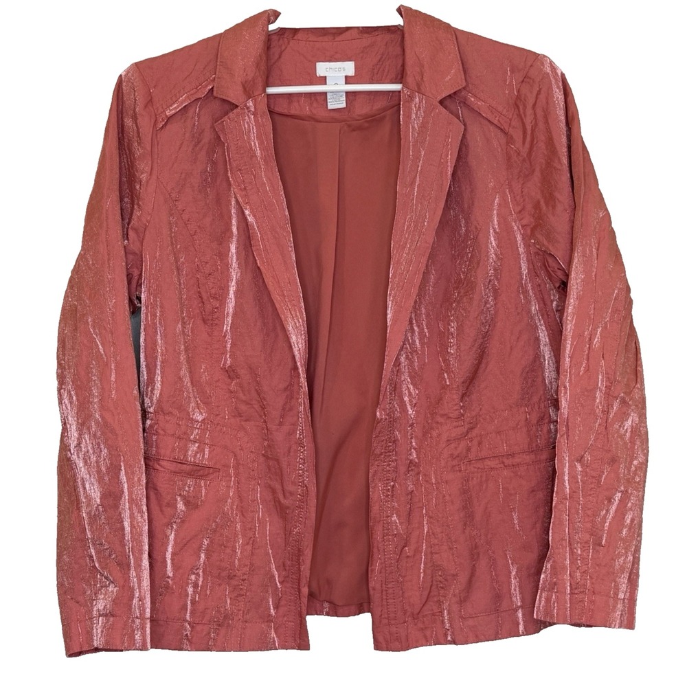 Chico's Blazer Jacket Sz 2 Metallic Orange Crinkle Long Sleeve Open Front Collar